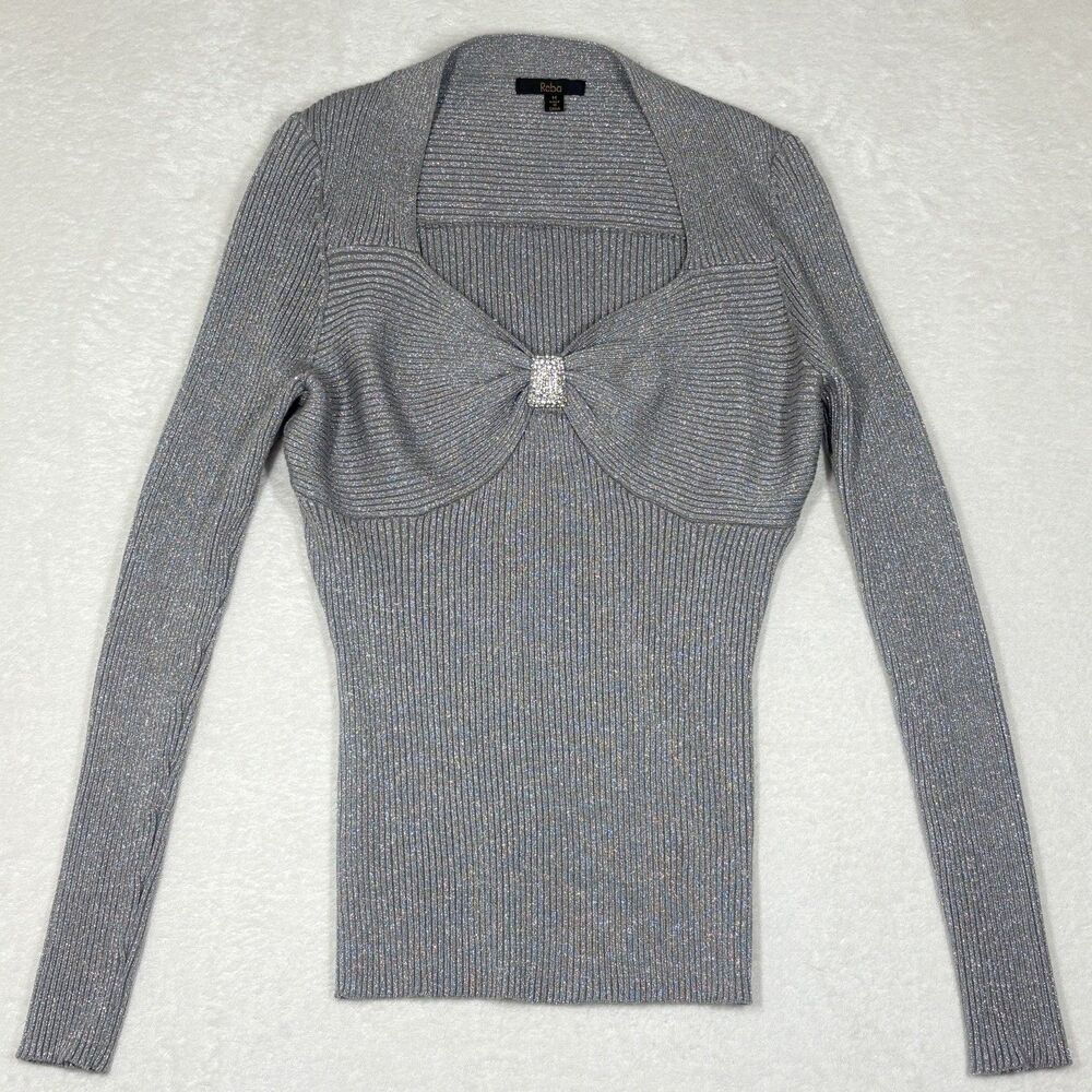 REBA Sweater Womens L Silver Metallic Fitted Milkmaid Coquette Bow Glam Luxury